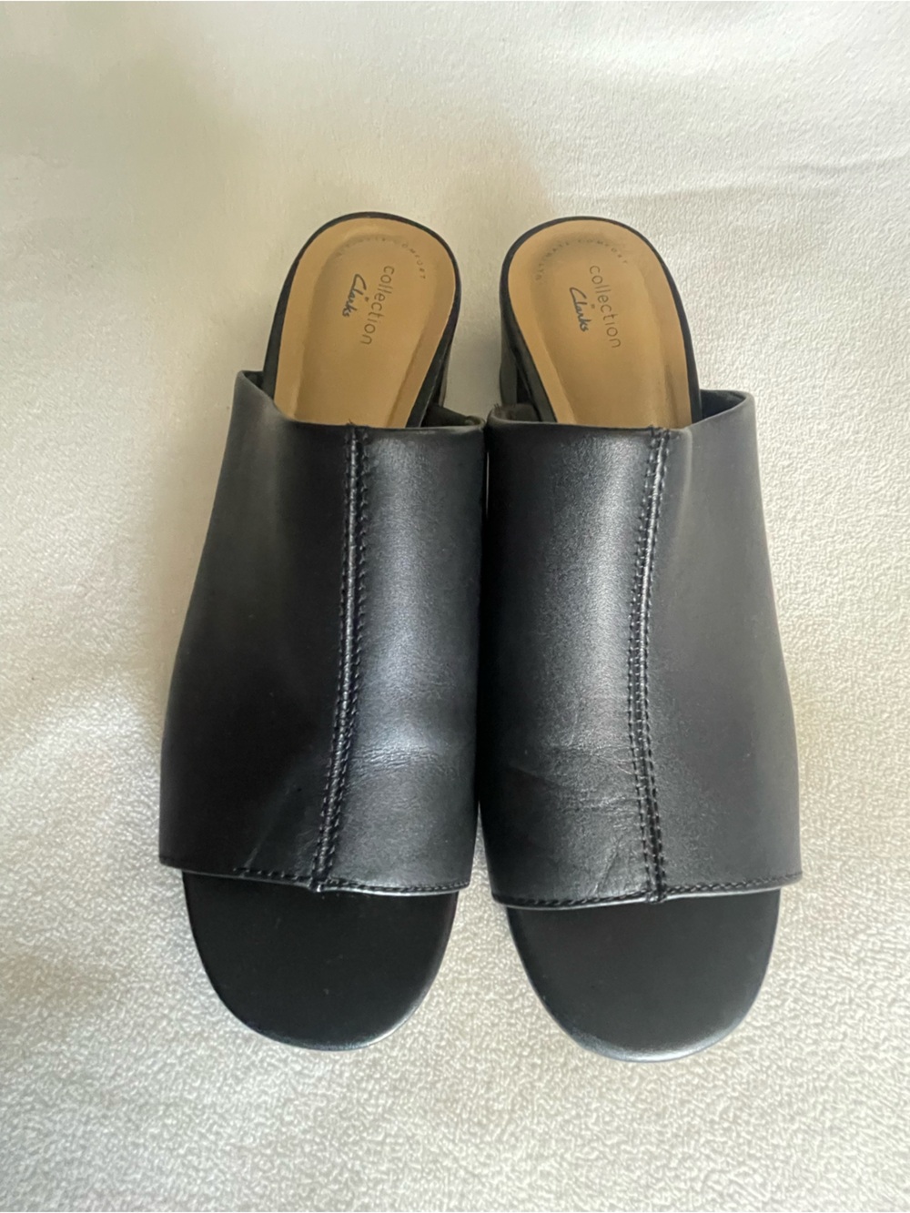Clarks Black Leather Slide Mules